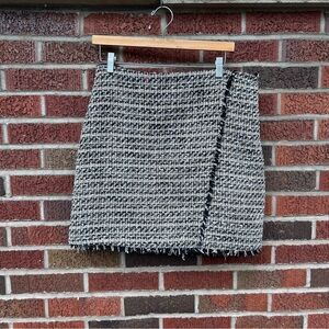 Express Black Gold and Cream Tweed Fringe Surplice Mini Skirt